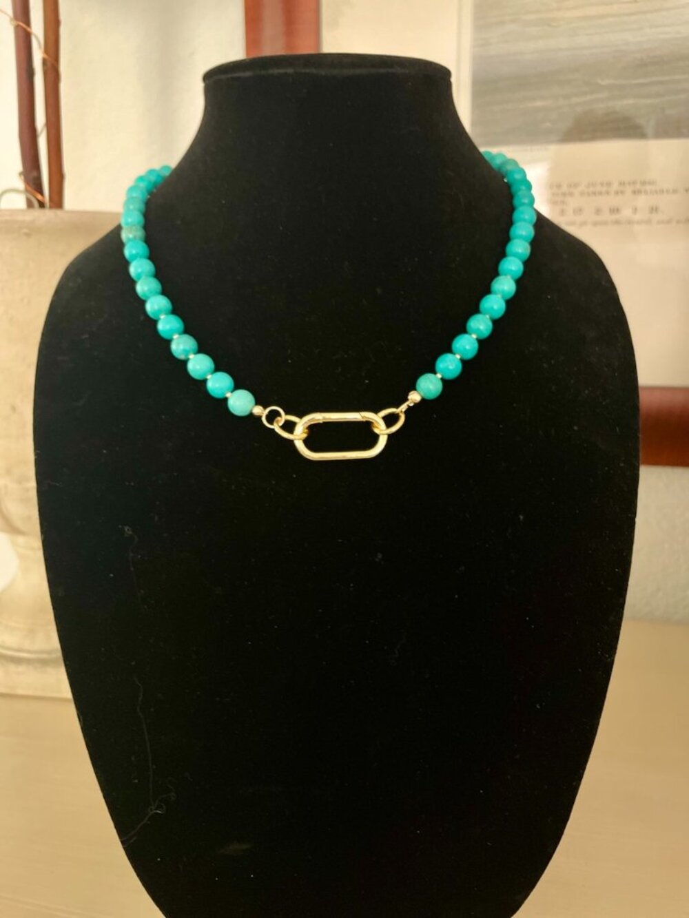 Real Turquoise Gemstone and Necklace Gold Carabiner Clasp